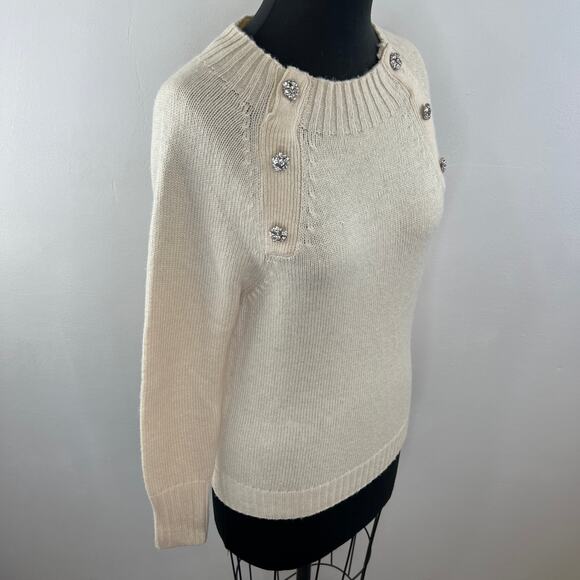 NWT J.CREW Natural Cream Crewneck Sweater Rhinestone Jewel Button Wool Blend XS - Picture 4 of 12